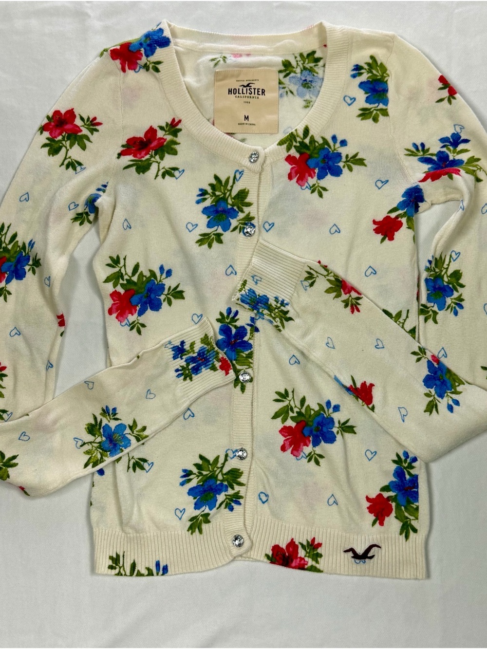 Y2K Hollister Women's Cream Floral Cardigan Sweater Sz M